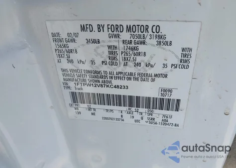 2007 Ford F-150 Lariat/Xlt z USA, uszkodzony, nr VIN 1FTPW12V87KC48233